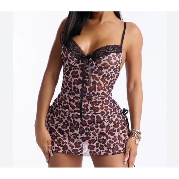 Other - Leopard Print Mesh Chemise Lingerie Set with Lace Trim and Ribbon Ties